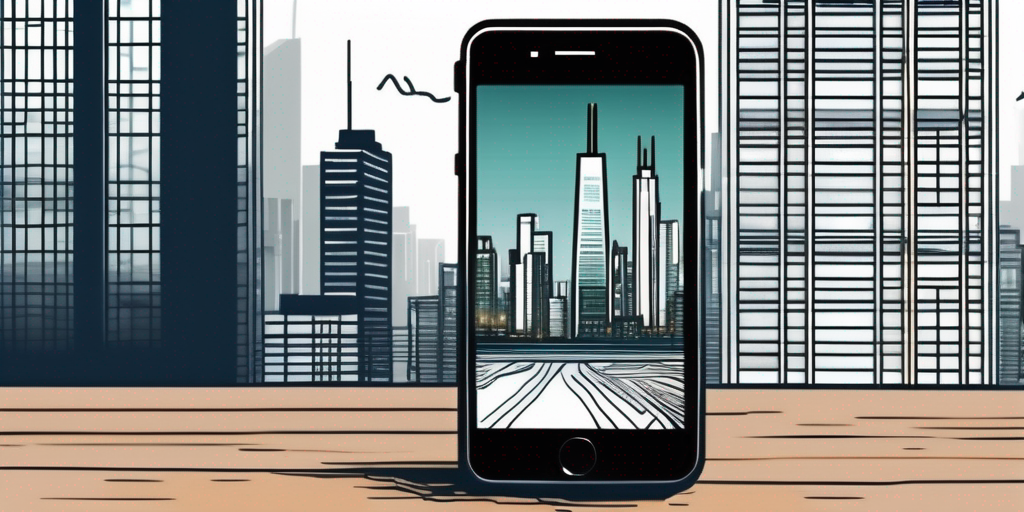 alt tag: Smartphone auf Holztisch mit staedtischen Hochhaeusern im Hintergrund, zeigt Empfangsprobleme und technologische Konnektivitaet in der Stadt.