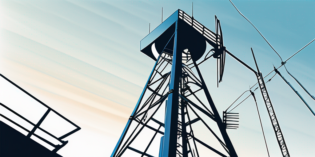 alt="Mikrowellenantenne auf modernem Telekommunikationsturm vor blauem Himmel fuer fortschrittliche Kommunikation"