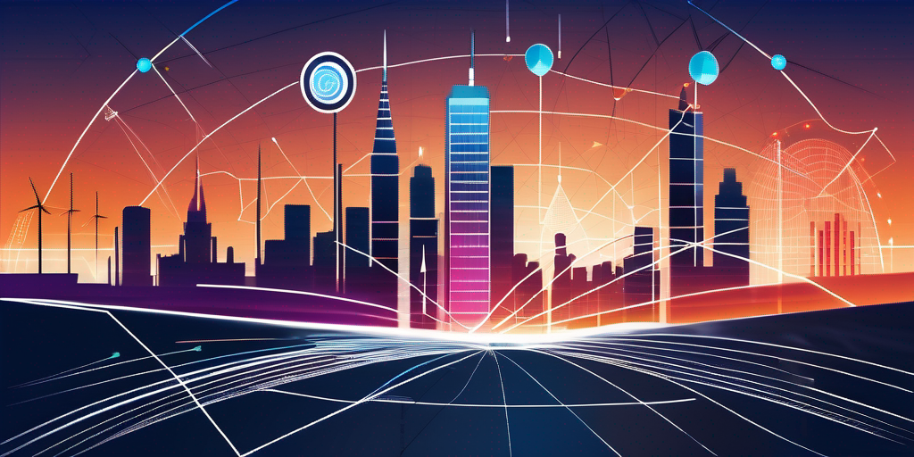 Moderne Stadtlandschaft mit GPS-Satelliten-Icons und Signalen, leuchtende Diagramme und Antennen zeigen innovative GPS-Signalverstaerkungsmethoden.