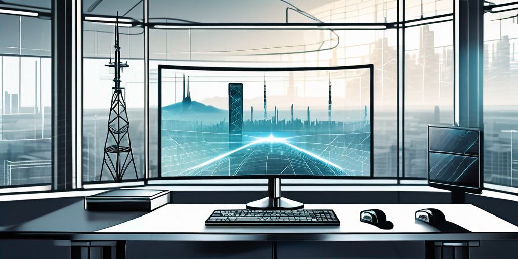 Mobiler Signalverstaerker auf poliertem Schreibtisch mit technischen Schemata und futuristischer Skyline im Hintergrund.