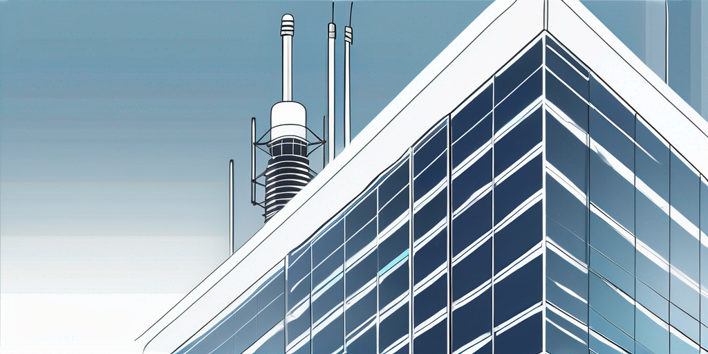 Modernes Gebaeude mit Antennen, blaue Himmel, symbolisiert mobile Signalverstaerkungstechnologie.