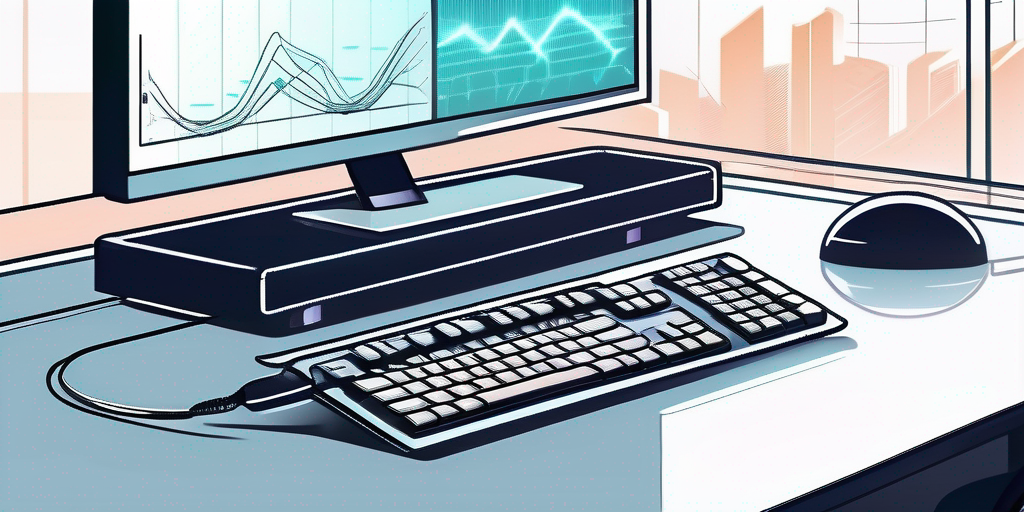 Innovatives Gadget auf modernem Buerotisch mit futuristischer Technologie und Signalverstaerkungsgrae wassere mit Umgebungslicht.