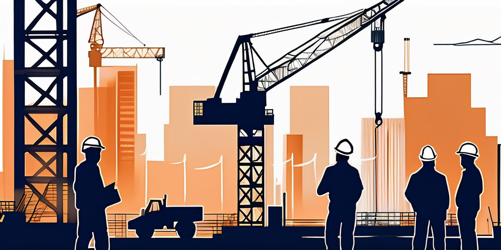 Baustelle mit Mobilfunkgeraeten, Bauarbeitern mit digitalen Geraeten, kraenen und unfertigen Gebaeuden.