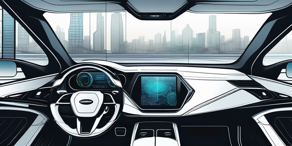 moderne fahrzeuginnenraum mit technologiepanelen und netzwerkantenne vor stadtlandschaft